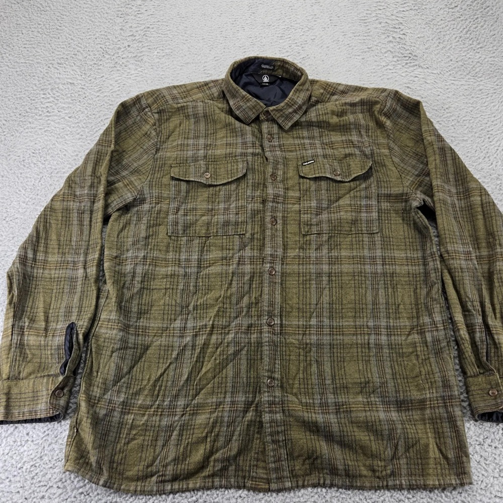 Volcom Shirt Mens XXL Green Plaid Classic Fit Long Sleeve Button Up Pockets